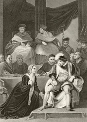 Katharina von Aragon kniet vor ihrem Ehemann König Heinrich VIII. während des Prozesses ihrer Ehe, aus 